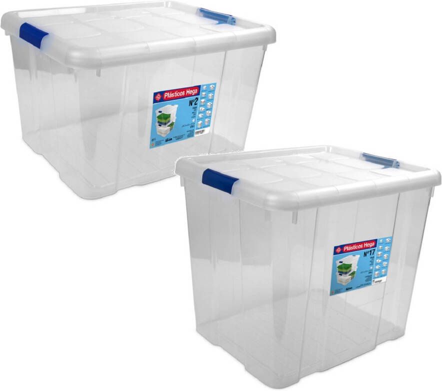 Hega Hogar 2x Opbergboxen opbergdozen met deksel 25 en 35 ltr kunststof transparant blauw 42 x 35 x 25 en 42 x 35 x 35 cm Opbergbakken Opbergbox