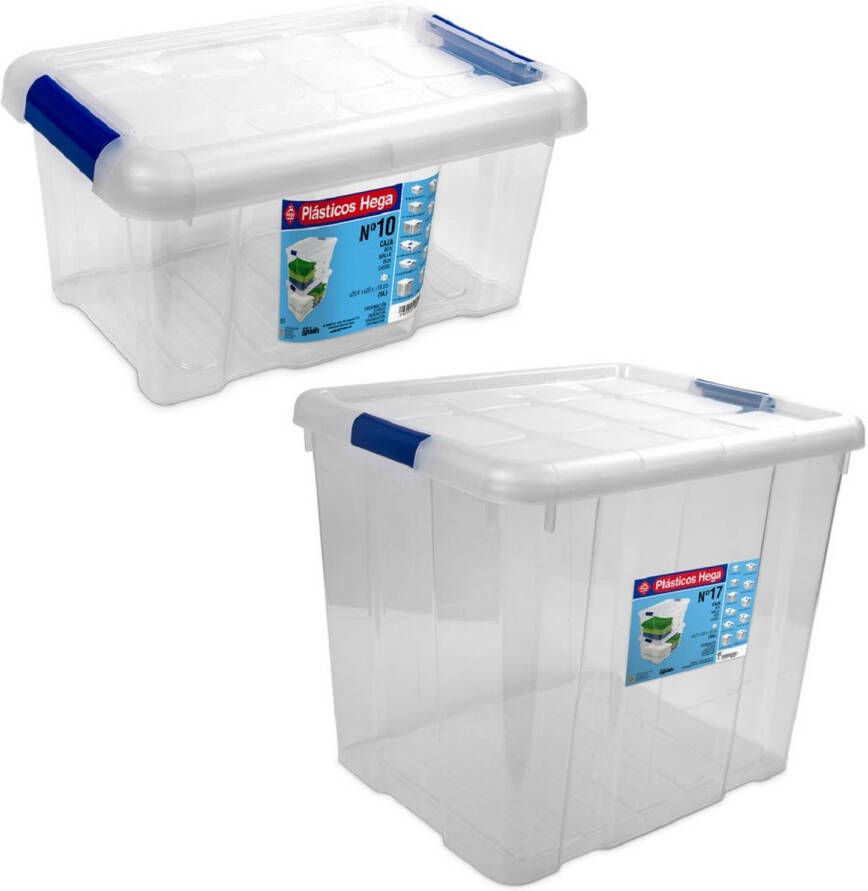 Hega Hogar 4x Opbergboxen opbergdozen met deksel 5 en 35 ltr kunststof transparant blauw 29 x 20 x 15 en 42 x 35 x 35 cm Opbergbakken Opbergbox