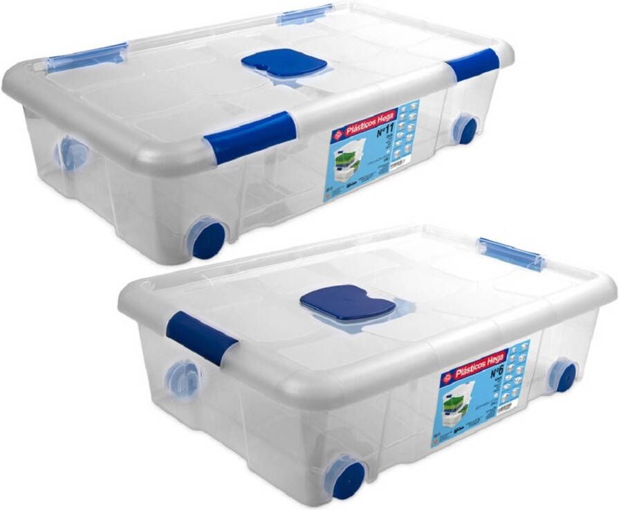 Hega Hogar 2x Opbergboxen opbergdozen met deksel en wieltjes 30 en 31 liter kunststof transparant blauw Opbergbakken Opbergbox