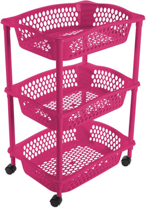Hega Hogar Keuken opberg trolleys roltafels met 3 manden 62 cm fuchsia roze Opberg trolley