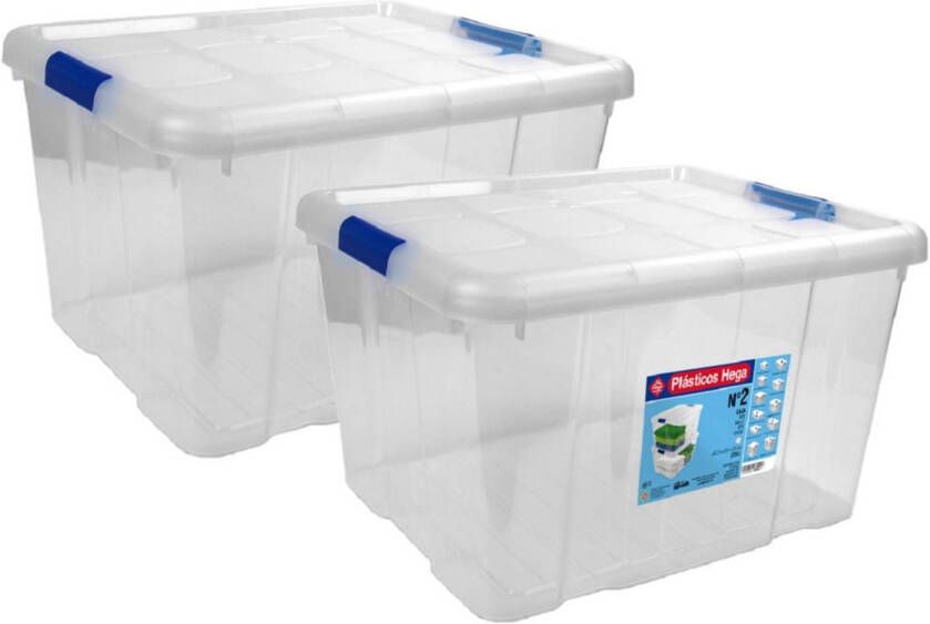 Hega Hogar Set van 2x stuks kunststof opbergbox opbergkist met deksel 25 liter transparant blauw 42 x 35 x 25 cm Opbergbox
