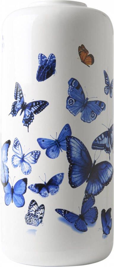 Heinen Delfts Blauw Cilinder vaas Vlinders 30 x 14 cm