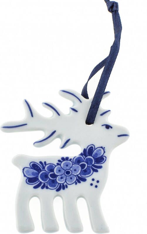 Heinen Delfts Blauw Kerstornament Rendier met bloem 2 stuks
