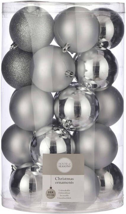 House of seasons 25x Kunststof kerstballen zilver 8 cm Kerstbal