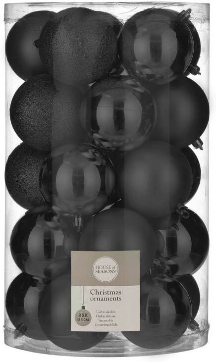 House of seasons 25x stuks kunststof kerstballen zwart 8 cm Kerstbal