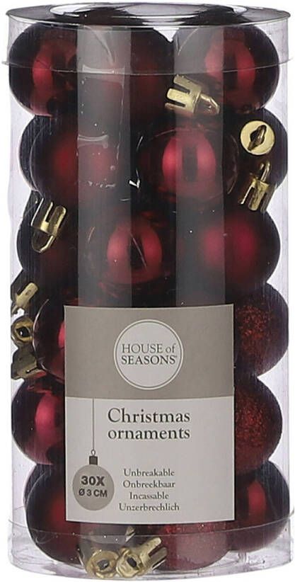 House of seasons 30x Kleine kunststof kerstballen donkerrood 3 cm Kerstbal