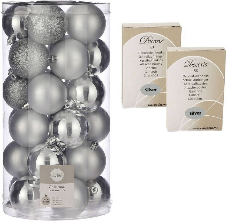 House of seasons 30x stuks kunststof kerstballen zilver 6 cm inclusief kerstbalhaakjes Kerstbal