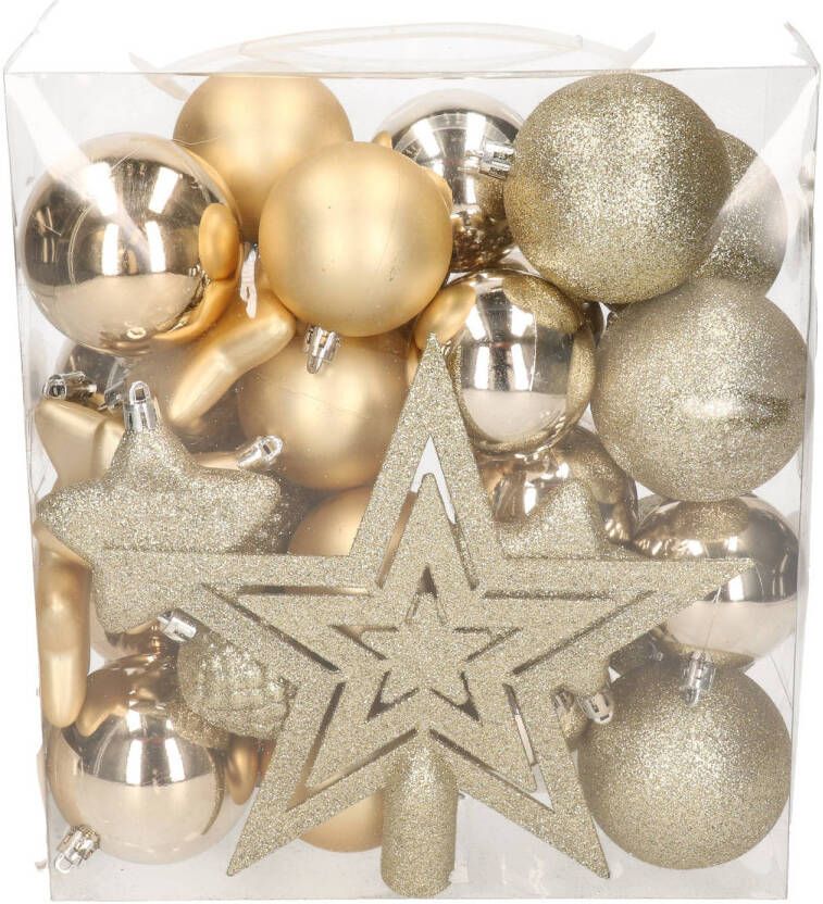 House of seasons 39x stuks kunststof kerstballen en kerstornamenten met ster piek champagne mix Kerstbal