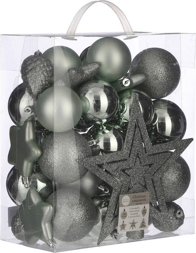 House of seasons 39x stuks kunststof kerstballen en kerstornamenten met ster piek groen mix Kerstbal