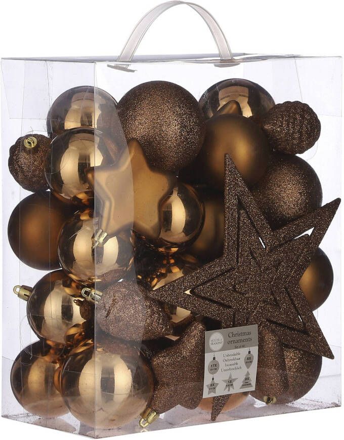 House of seasons 39x stuks kunststof kerstballen en kerstornamenten met ster piek koper mix Kerstbal
