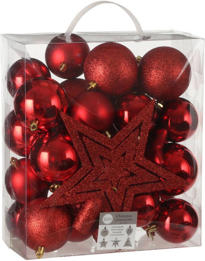 House of seasons 39x stuks kunststof kerstballen en kerstornamenten met ster piek rood mix Kerstbal
