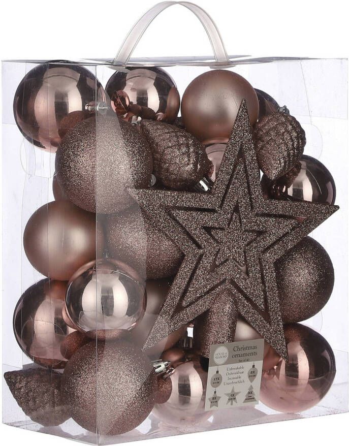 House of seasons 39x stuks kunststof kerstballen en kerstornamenten met ster piek roze mix Kerstbal