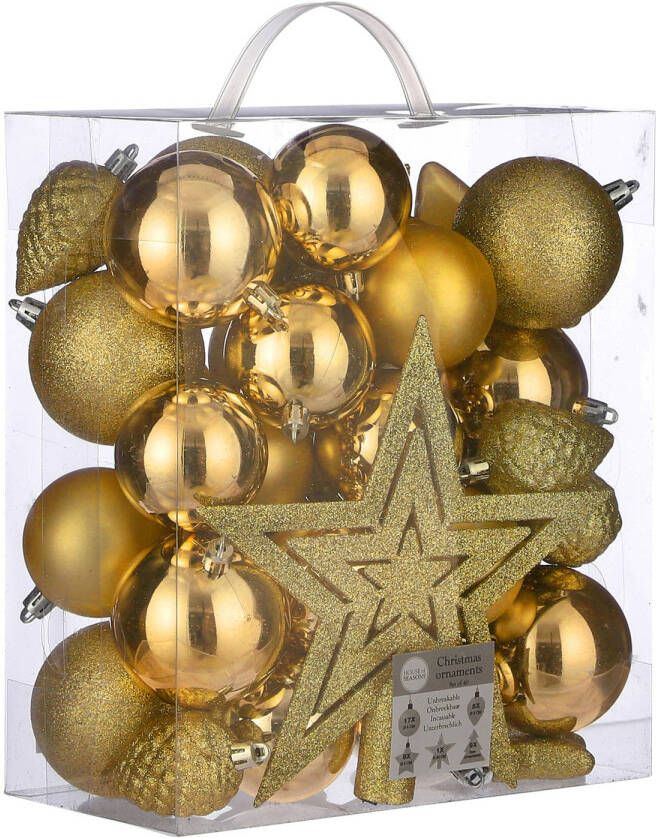House of seasons 39x stuks kunststof kerstballen en kerstornamenten met ster piek warm goud mix Kerstbal