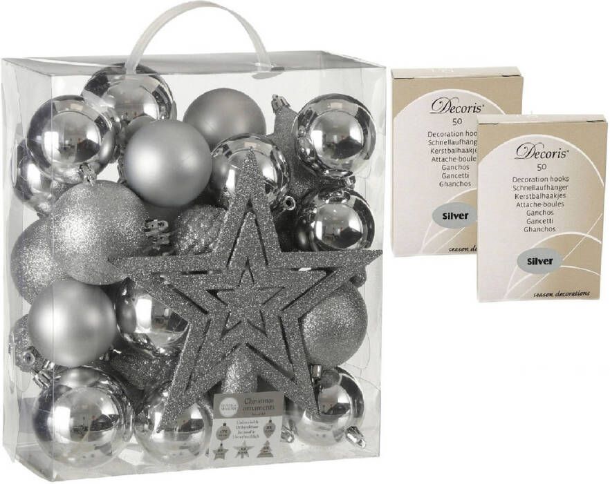 House of seasons 39x stuks kunststof kerstballen en kerstornamenten met ster piek zilver inclusief kerstbalhaakjes Kerstbal