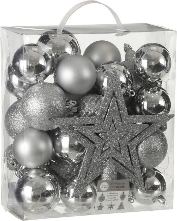House of seasons 39x stuks kunststof kerstballen en kerstornamenten met ster piek zilver mix Kerstbal