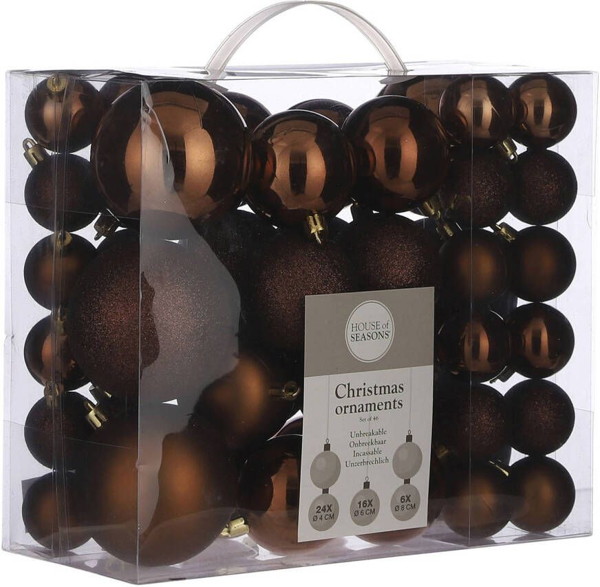 House of seasons 46x stuks kunststof kerstballen bruin 4 6 en 8 cm Kerstbal
