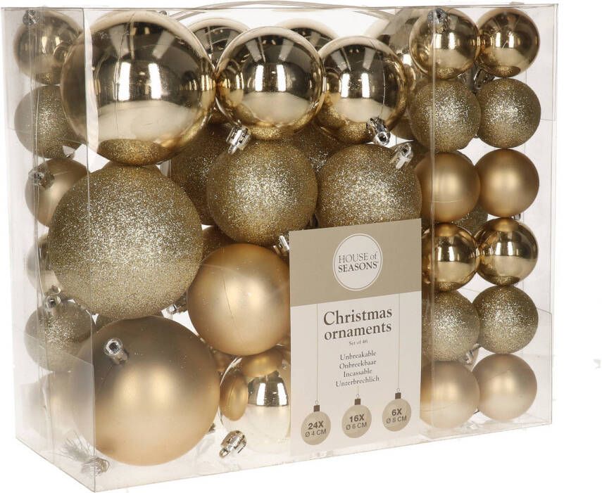 House of seasons 46x stuks kunststof kerstballen champagne 4 6 en 8 cm Kerstbal