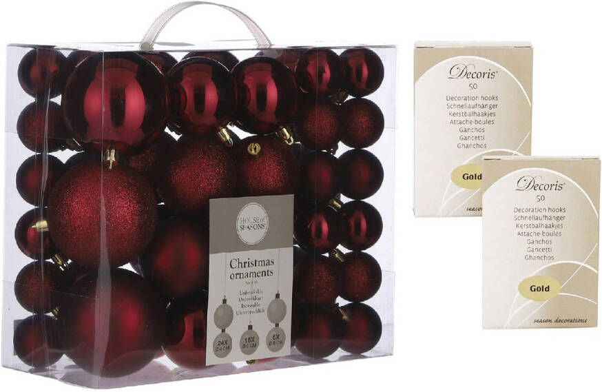 House of seasons 46x stuks kunststof kerstballen donkerrood 4 6 en 8 cm inclusief kerstbalhaakjes Kerstbal
