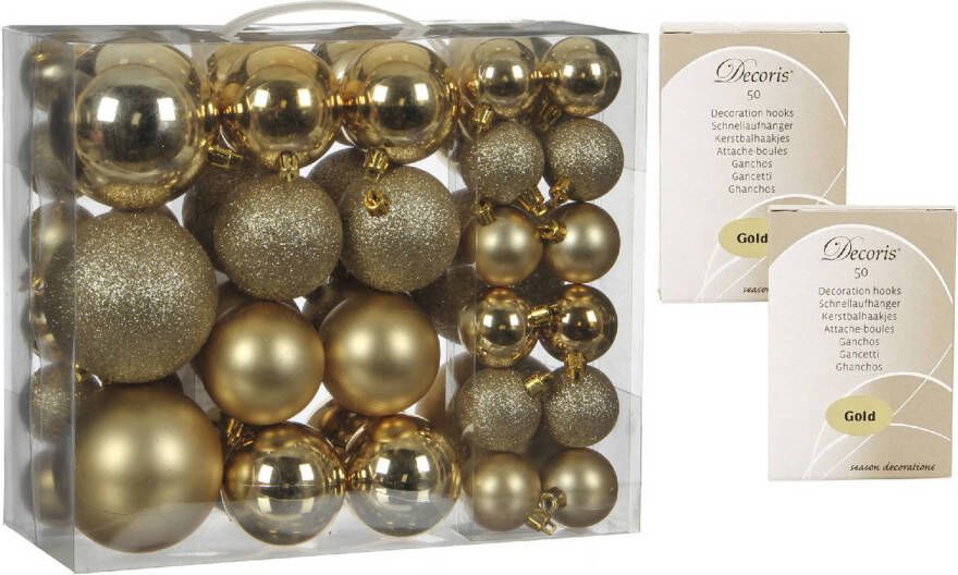 House of seasons 46x stuks kunststof kerstballen goud 4 6 en 8 cm inclusief kerstbalhaakjes Kerstbal
