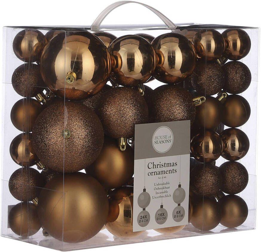 House of seasons 46x stuks kunststof kerstballen koper bruin 4 6 en 8 cm Kerstbal