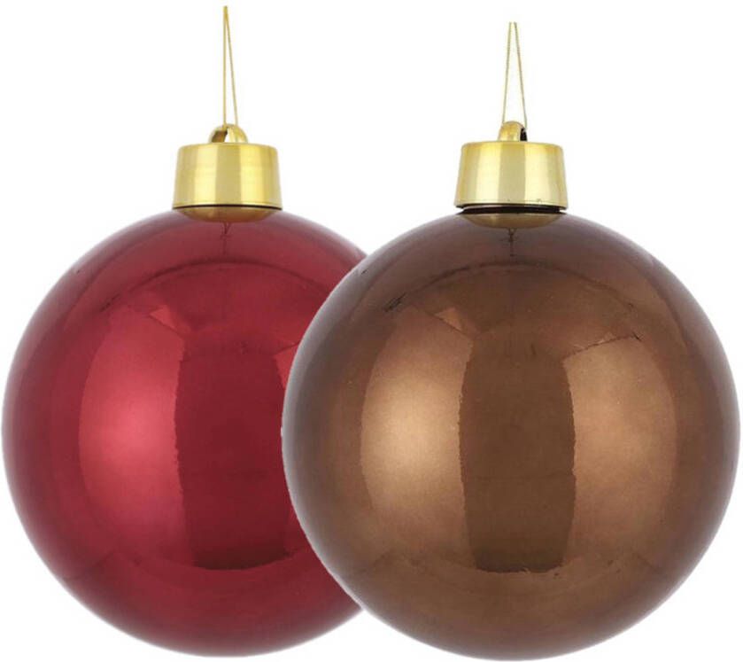 House of seasons Grote kunststof kerstballen 20 cm set van 2x st. bruin en donkerrood Kerstbal