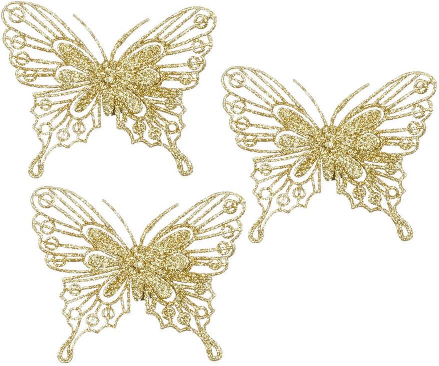House of seasons kerst vlinders op clip 12x st goud glitter 10 cm Kersthangers