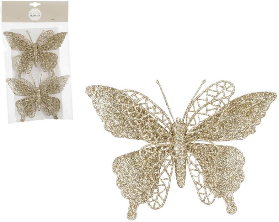 House of seasons kerst vlinders op clip 2x st champagne glitter 16 cm Kersthangers