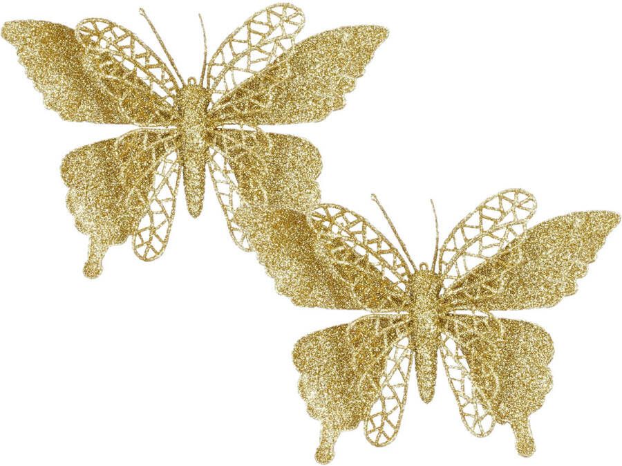 House of seasons kerst vlinders op clip 2x st goud glitter 16 cm Kersthangers