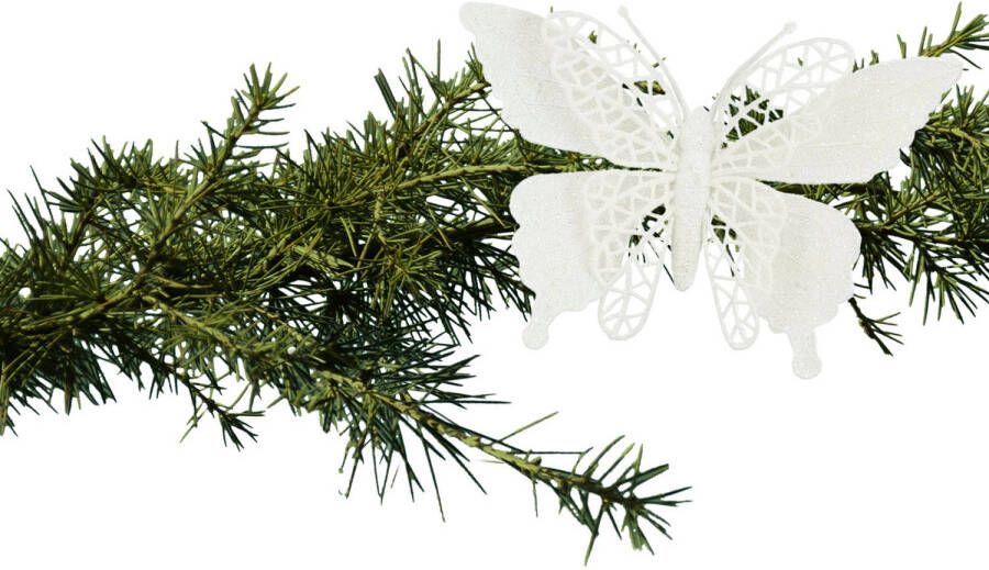 House of seasons kerst vlinders op clip 2x st wit glitter 16 cm Kersthangers