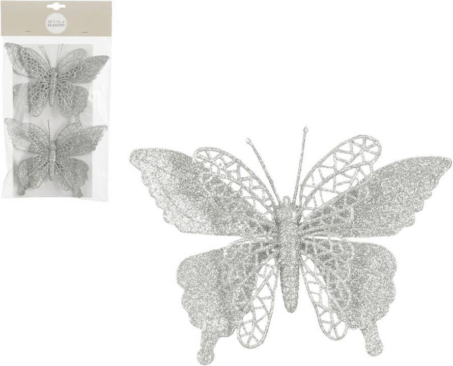 House of seasons kerst vlinders op clip 2x st zilver glitter 16 cm Kersthangers
