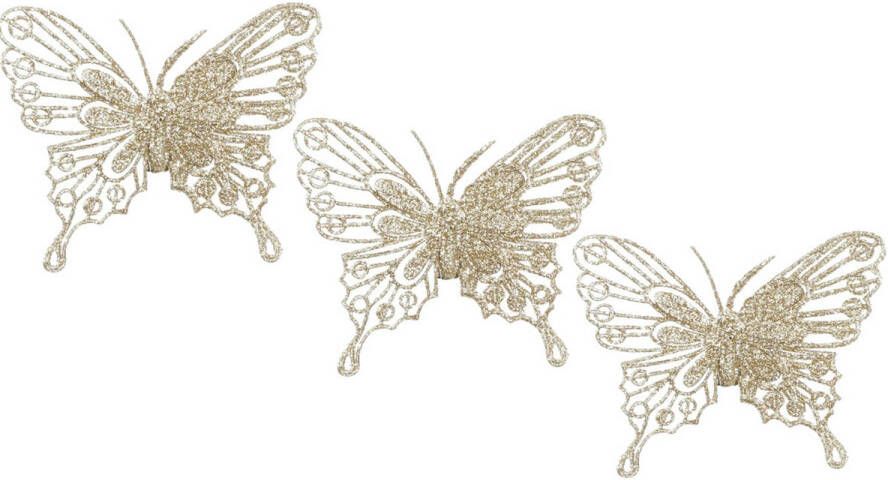 House of seasons kerst vlinders op clip 3x st champagne glitter 10 cm Kersthangers