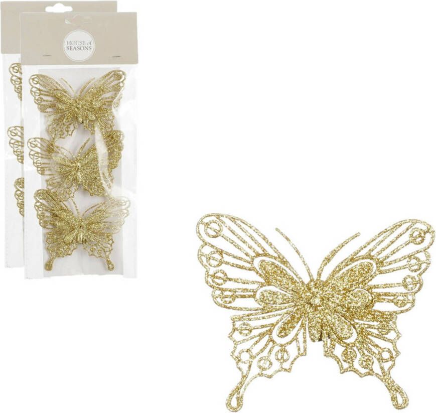 House of seasons kerst vlinders op clip 3x st goud glitter 10 cm Kersthangers