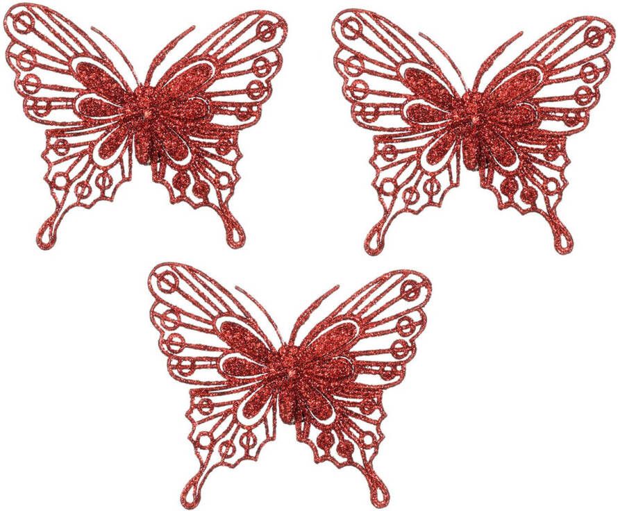 House of seasons kerst vlinders op clip 3x st rood glitter 10 cm Kersthangers