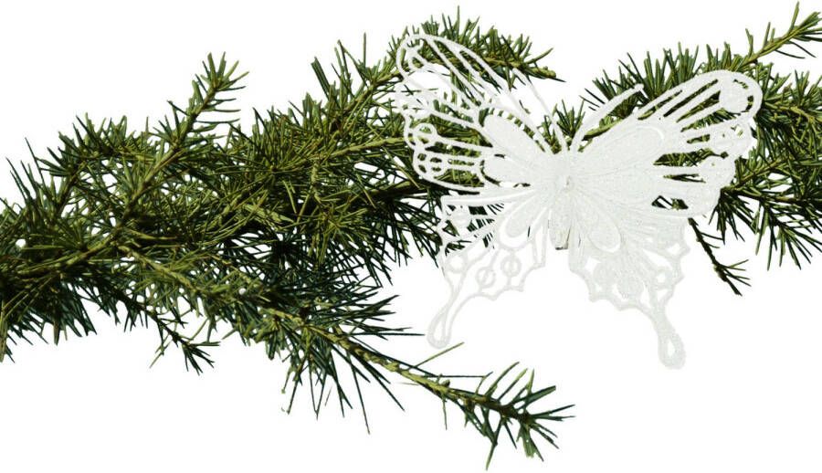 House of seasons kerst vlinders op clip 3x st wit glitter 10 cm Kersthangers