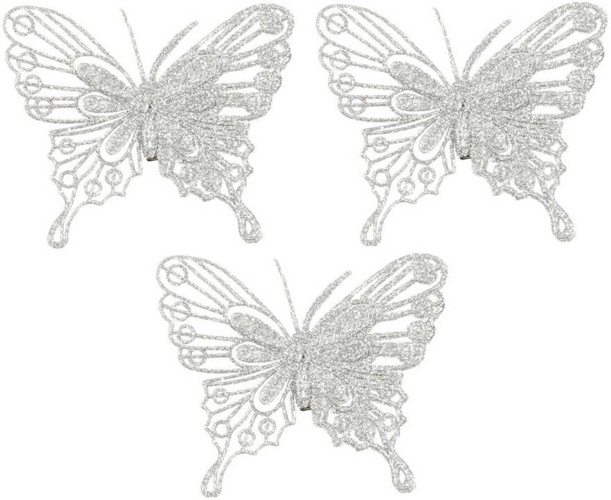 House of seasons kerst vlinders op clip 3x st zilver glitter 10 cm Kersthangers