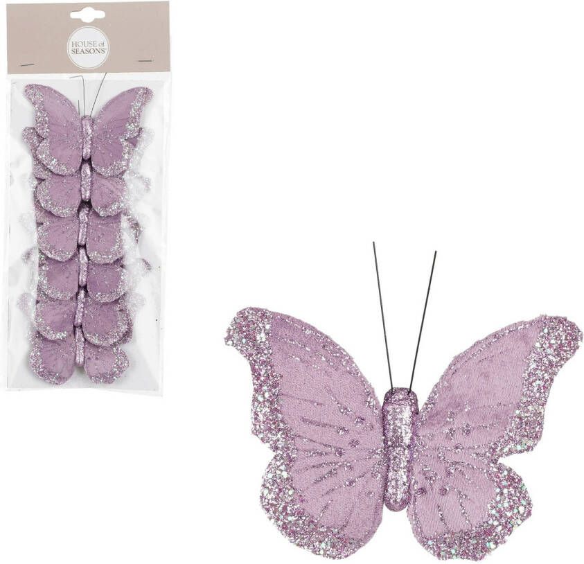 House of seasons kerst vlinders op clip 6x st lila paars 10 cm Kersthangers