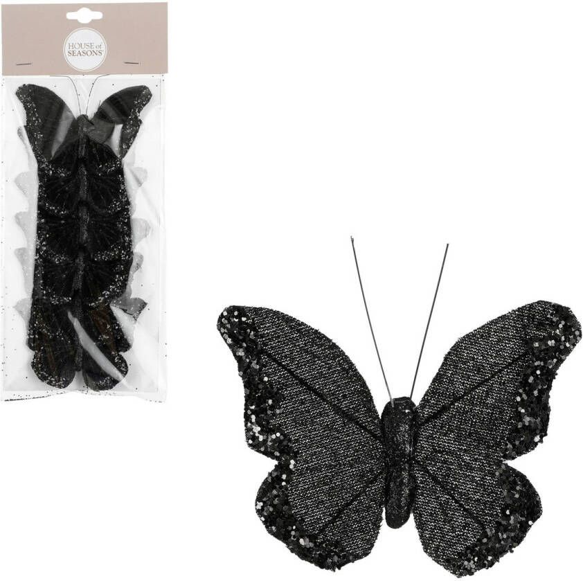 House of seasons kerst vlinders op clip 6x st- zwart glitter 10 cm Kersthangers