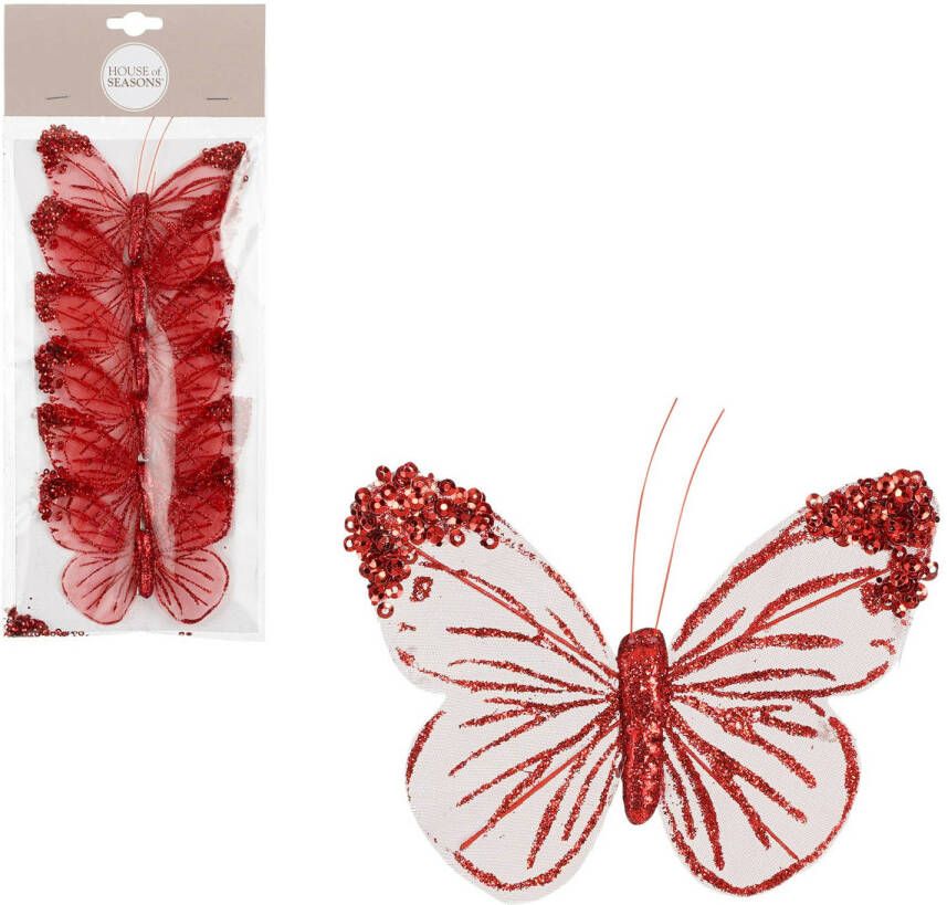House of seasons kerst vlinders op clip 6x stuks rood wit 10 cm Kersthangers