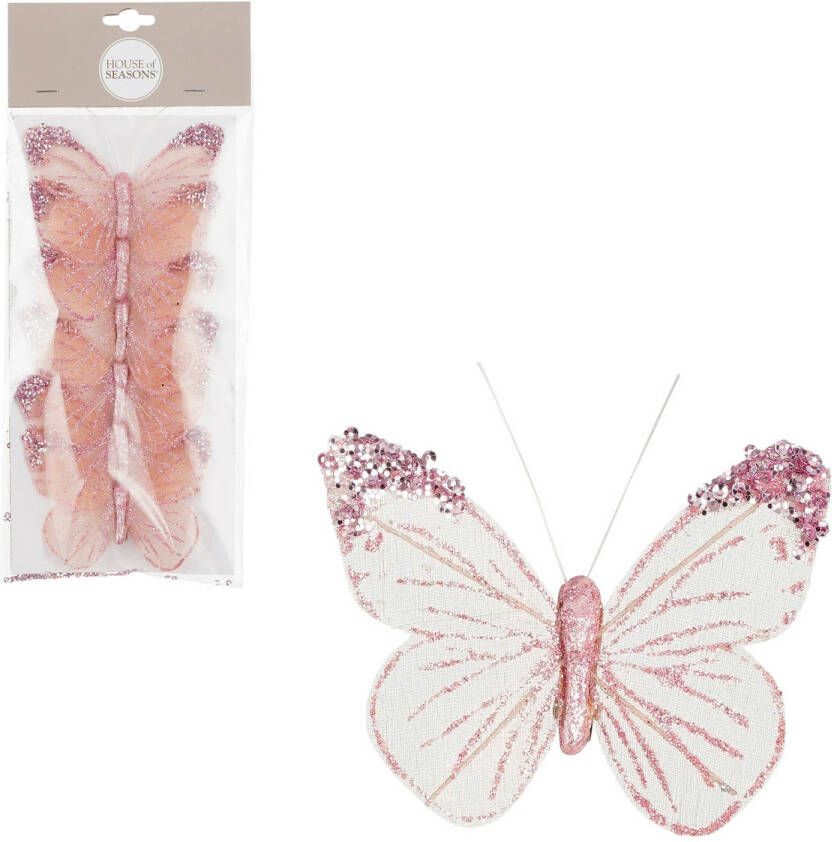 House of seasons kerst vlinders op clip 6x stuks roze wit 10 cm Kersthangers