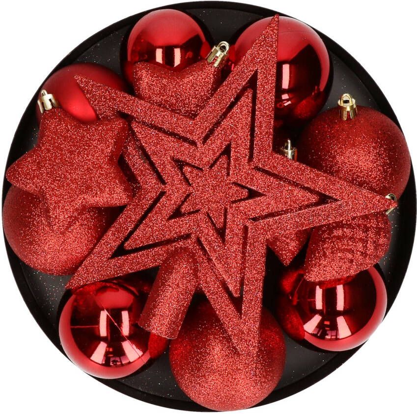 House of seasons Kerstballen en kerstornamenten set van 39x st rood met ster piek kunststof Kerstbal