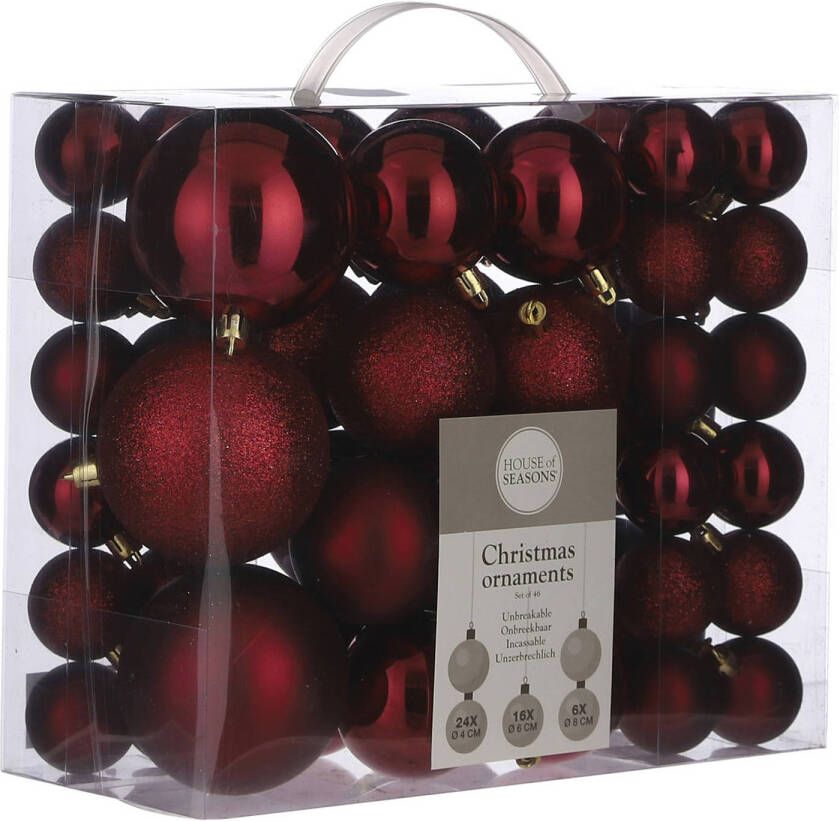 House of seasons Kerstboomversiering pakket met 46x donkerrode plastic kerstballen Kerstbal