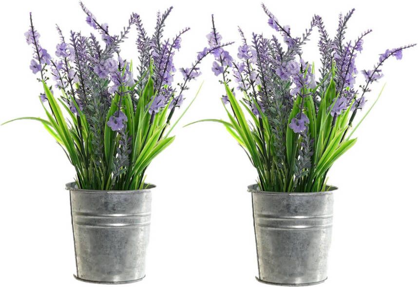 Items 2x stuks lavendel kunstplanten kamerplanten paars in grijze sierpot H28 cm x D18 cm Kunstplanten