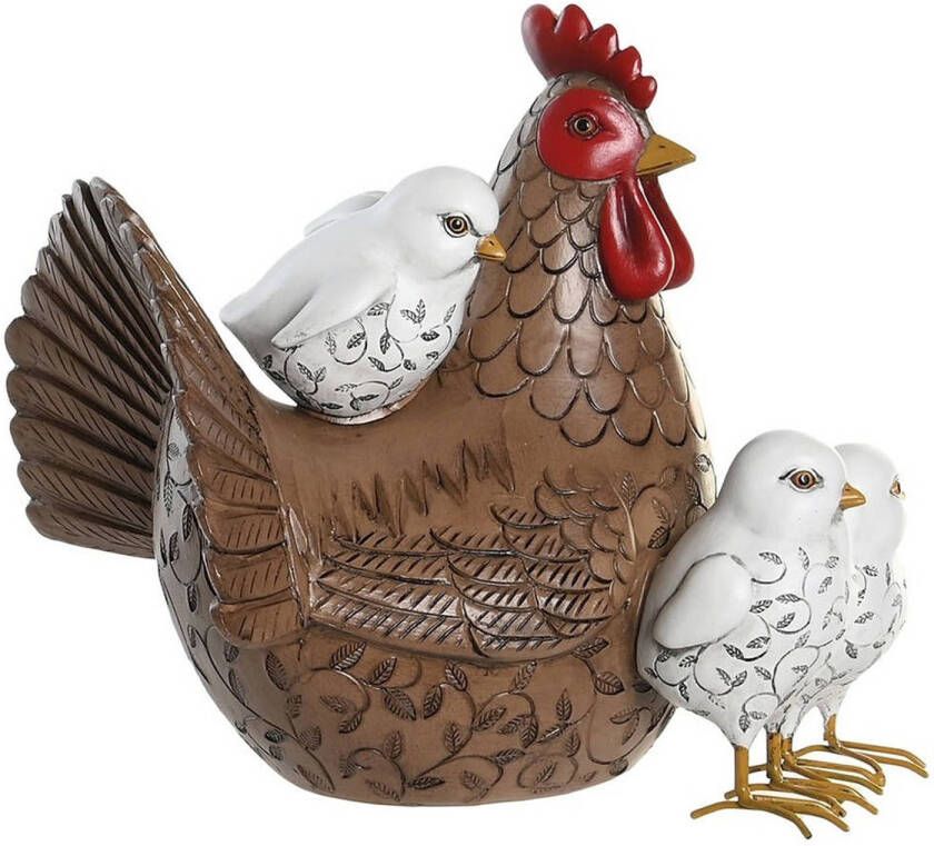 Items Home decoratie dieren vogel beeldje Kip met kuikens 25 x 22 cm binnen buiten bruin wit Beeldjes