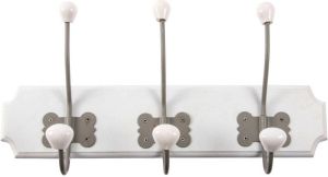 Items Kapstok rek voor wand muur wit 3x dubbele ophanghaken Hout metaal 40 x 21 cm Kapstokken