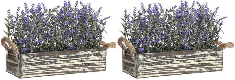 Items Lavendel bloemen kunstplant in bloembak 2x donkerpaarse bloemen 30 x 12 x 21 cm bloemstukje Kunstplanten