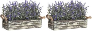 Items Lavendel bloemen kunstplant in bloembak 2x donkerpaarse bloemen 30 x 12 x 21 cm bloemstukje Kunstplanten