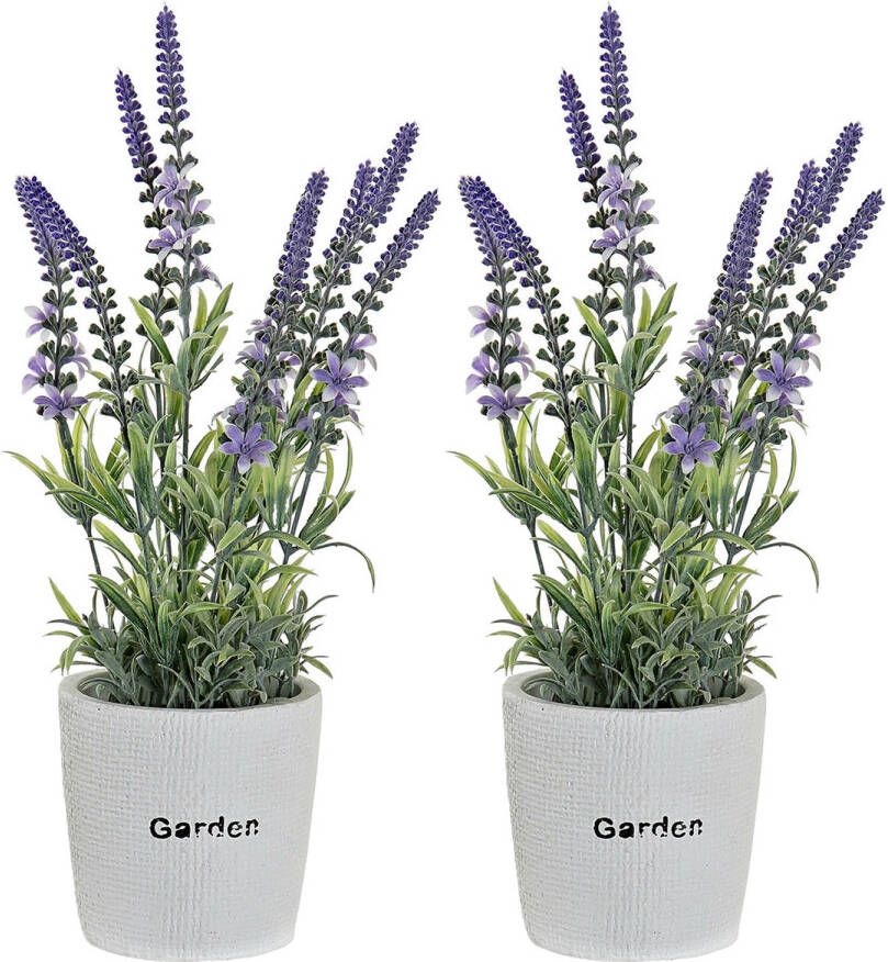 Items Lavendel bloemen kunstplant in bloempot 2x paarse bloemen 10 x 36 cm bloemstuk Kunstplanten