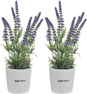 Items Lavendel bloemen kunstplant in bloempot 2x paarse bloemen 10 x 36 cm bloemstuk Kunstplanten