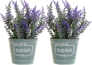 Items Lavendel bloemen kunstplant in bloempot 2x paarse bloemen 14 x 27 cm bloemstuk Kunstplanten