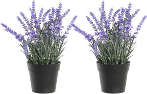 Items Lavendel bloemen kunstplant in bloempot 2x paarse bloemen 15 x 27 cm bloemstukje Kunstplanten